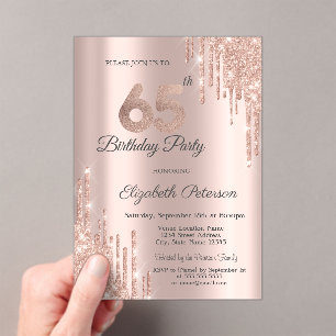 Chic Glitter Drips Rose Gold 65th Birthday  Acrylic Invitations