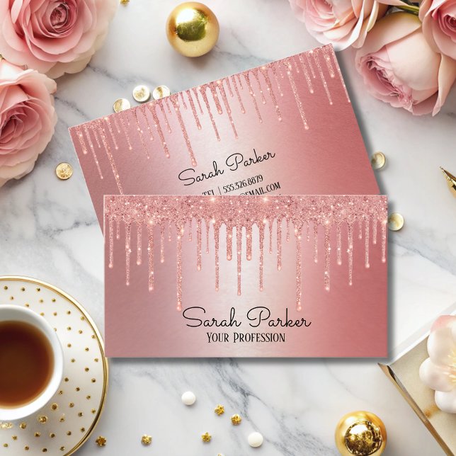 Chic Glitter Drips Rose Gold Metallic Elegant Glam Business Card (Creator Uploaded)
