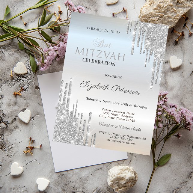 Chic Glitter Drips Silver Bat Mitzvah  Invitation (Creator Uploaded)
