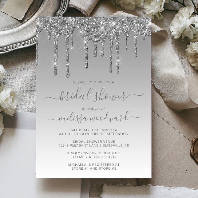 Chic Glitter Drips Silver Ombre Bridal Shower Invitation (Creator Uploaded)