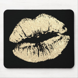 Chic Glitter Effect Gold Lips Black Mousepad