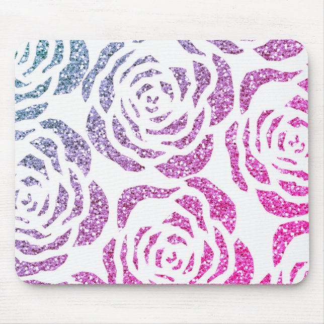 Chic Glitter Effect Purple Roses White Mousepad (Front)