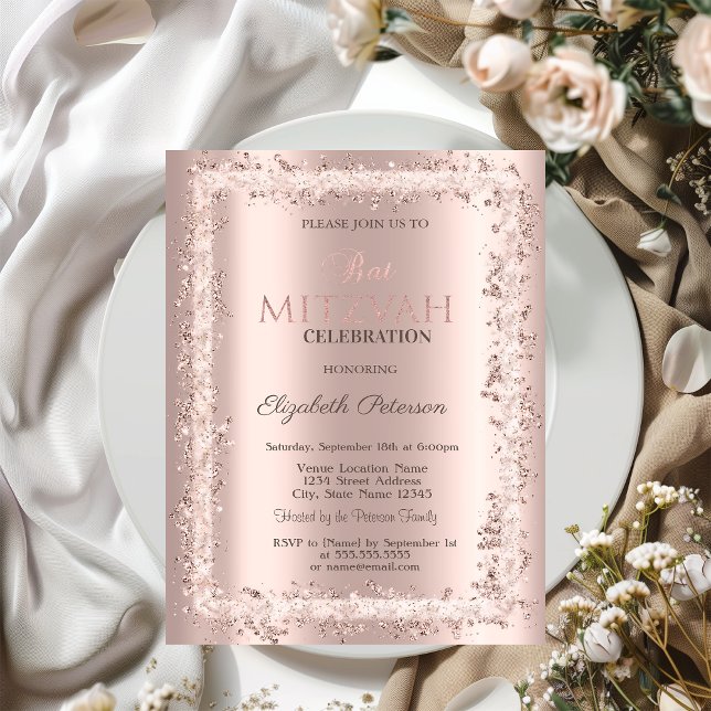 Chic Glitter Frame Rose Gold Bat Mitzvah  Invitation (Creator Uploaded)