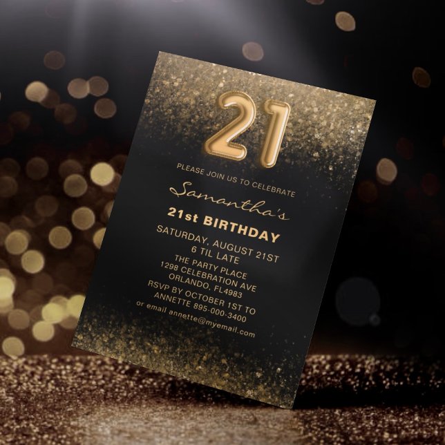 Chic Glitter Gold & Black 21st Birthday  Invitation (Creator Uploaded)
