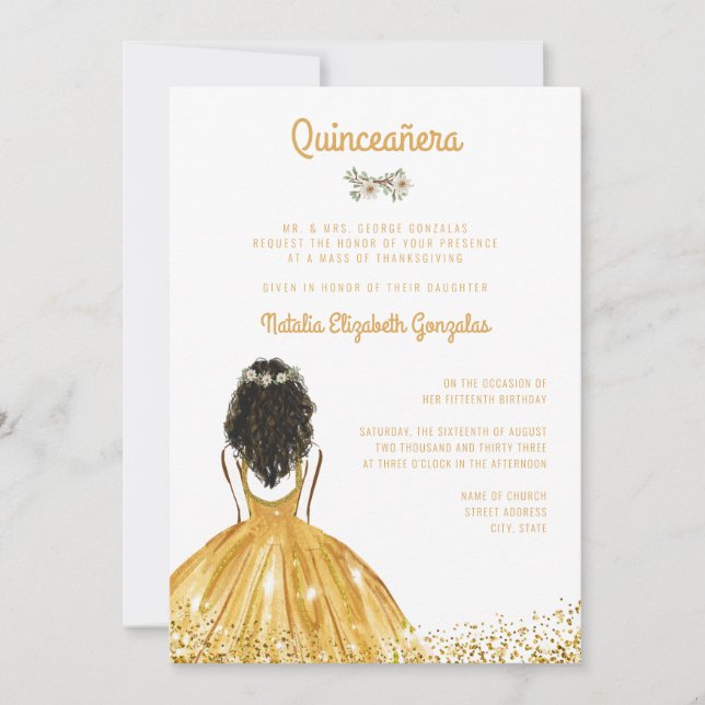 Chic Glitter Gold Princess Ball Gown Quinceanera Invitation (Front)