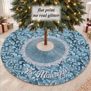 Chic Glitter Gold Teal Floral Monogram Brushed Polyester Tree Skirt
