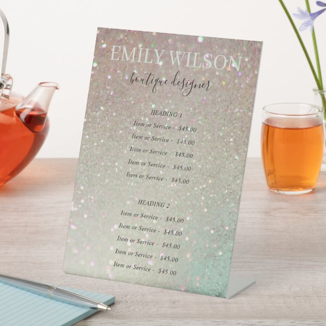 Chic Glitter Green Pink Aqua Shiny Service Price Pedestal Sign (In SItu)