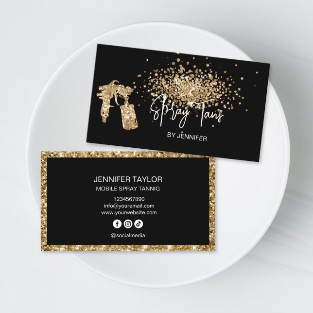 Chic Glitter Mobile Spray Tans Black Gold Tanning Business Card (spray tanning glitter gold business card)