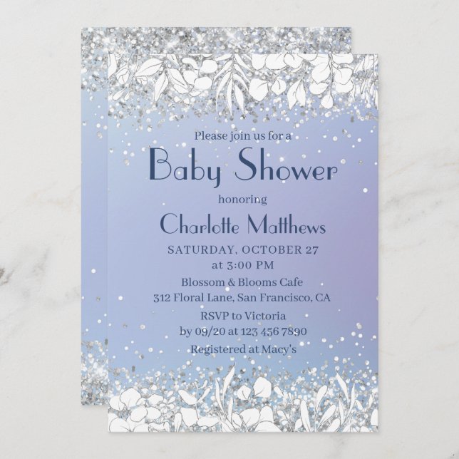 Chic Glitter Modern Floral Blue Boy Baby Shower Invitation (Front/Back)