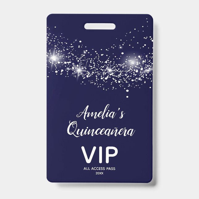 Chic Glitter on Navy Quinceañera Invite VIP Pass ID Badge (Front)
