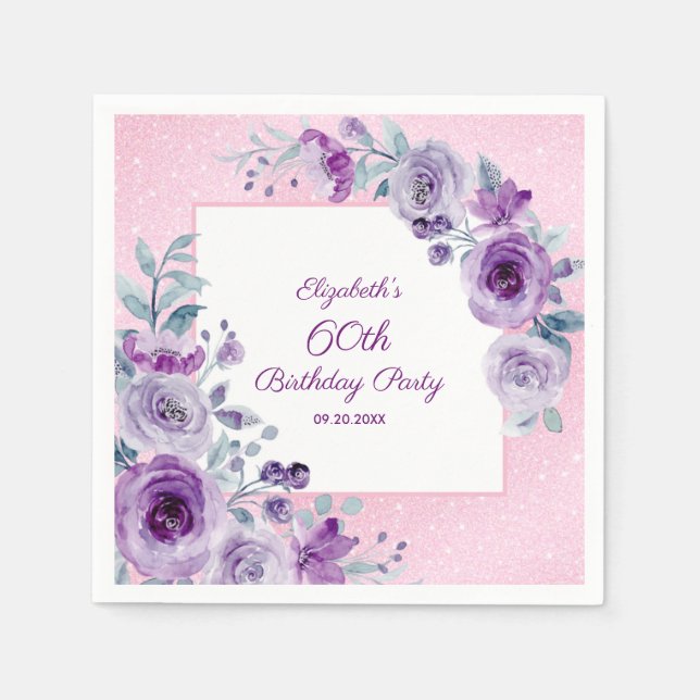 Chic Glitter Pink Purple Roses Floral Birthday  Napkin (Front)