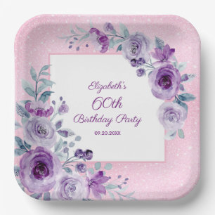 Chic Glitter Pink Purple Roses Floral Birthday Paper Plate
