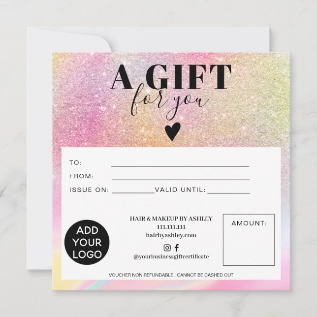 Chic glitter rainbow square gift certificate logo (Front)