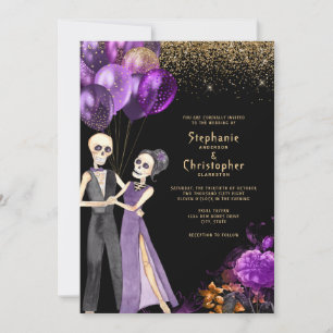 Chic Glitter Skeleton Halloween Wedding Invitation