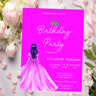 Chic Glitter Tiara Girl Dress Neon Pink Birthday Invitation