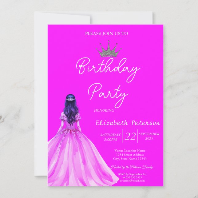 Chic Glitter Tiara Girl Dress Neon Pink Birthday Invitation (Front)