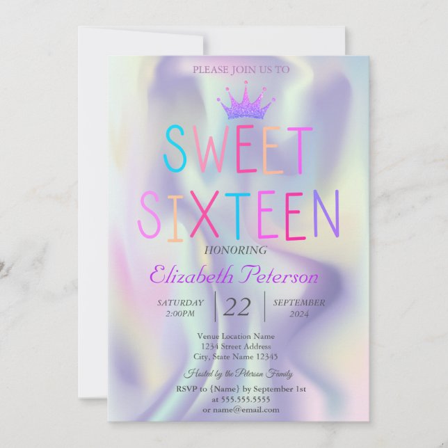 Chic Glitter Tiara Holographic Colourful Sweet 16 Invitation (Front)