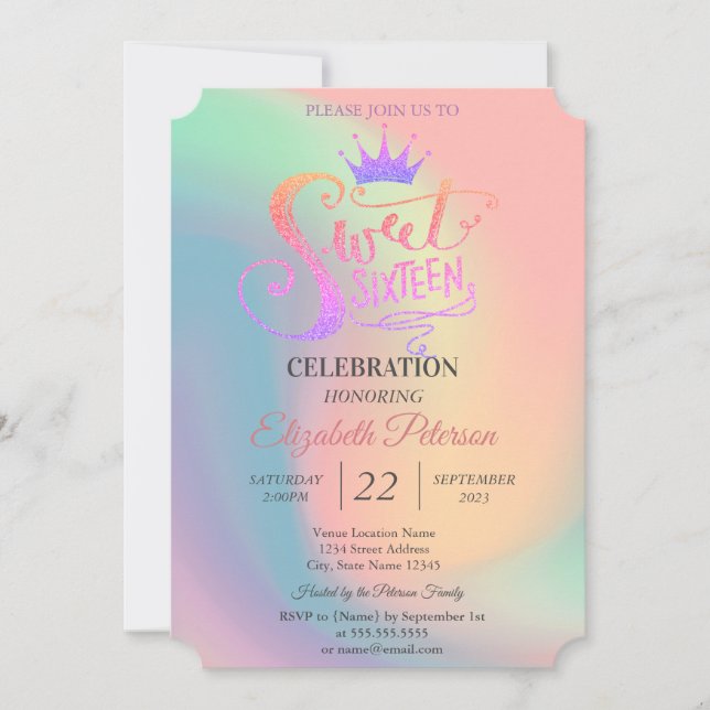 Chic Glitter Tiara Holographic Sweet 16 Party Invitation (Front)