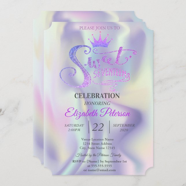 Chic Glitter Tiara Holographic Sweet 17 Birthday Invitation (Front/Back)