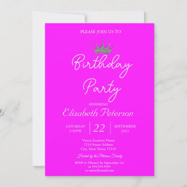 Chic Glitter Tiara Neon Pink Birthday Invitation (Front)
