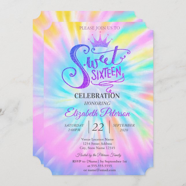 Chic Glitter Tiara Tie Dey Sweet 16 Party  Invitation (Front/Back)