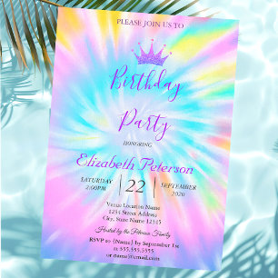 Chic Glitter Tiara Tie Dye Birthday Invitation