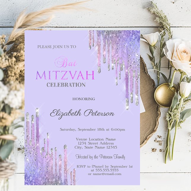 Chic Glitter Violet Drips Lavander Bat Mitzvah   Invitation (Creator Uploaded)