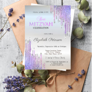 Chic Glitter Violet Drips Silver Bat Mitzvah   Invitation