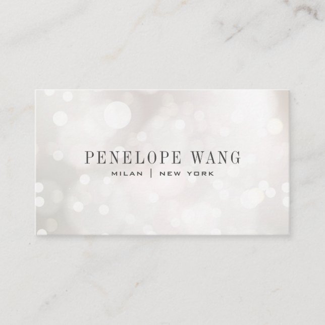 Chic Glitter Whimsy Silver White Bokeh Business Card (Front)