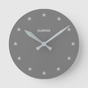Chic Glittering Silver Stars on Grey Round Clock