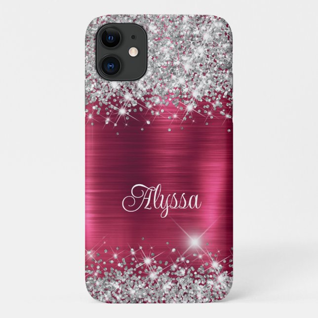 Chic Glittery Burgundy Glam Name Case-Mate iPhone Case (Back)