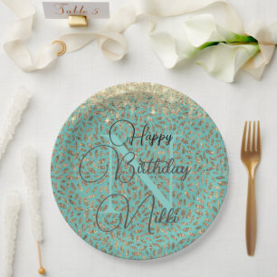 Chic Glittery Feathers Monogram Birthday Paper Plate
