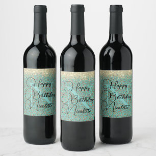 Chic Glittery Feathers Monogram Wine Label