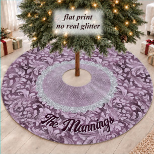 Chic Glittery Gold Violet Floral Rose Monogram Brushed Polyester Tree Skirt