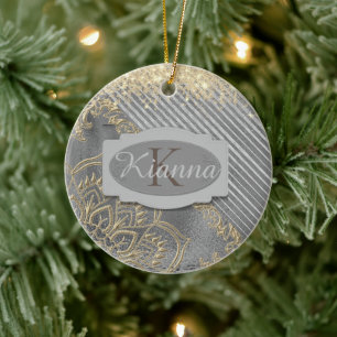 Chic Glittery Mandala Monogram  Ceramic Tree Decoration