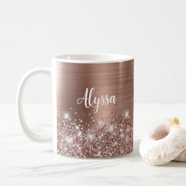 Chic Glittery Rose Gold Glam Name Coffee Mug (With Donut)
