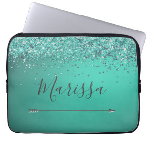 Chic Glittery Turquiose Personalized Laptop Sleeve