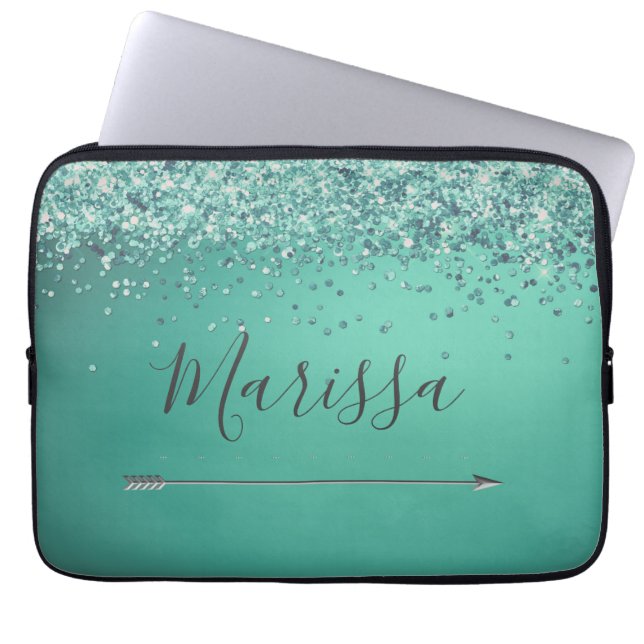 Chic Glittery Turquiose Personalized  Laptop Sleeve (Front)
