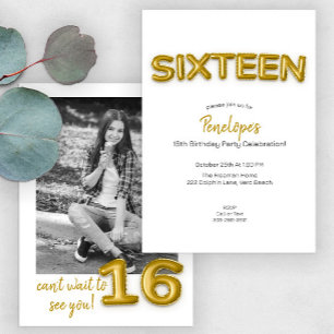 Chic Gold 16th Photo Birthday Party Invitation