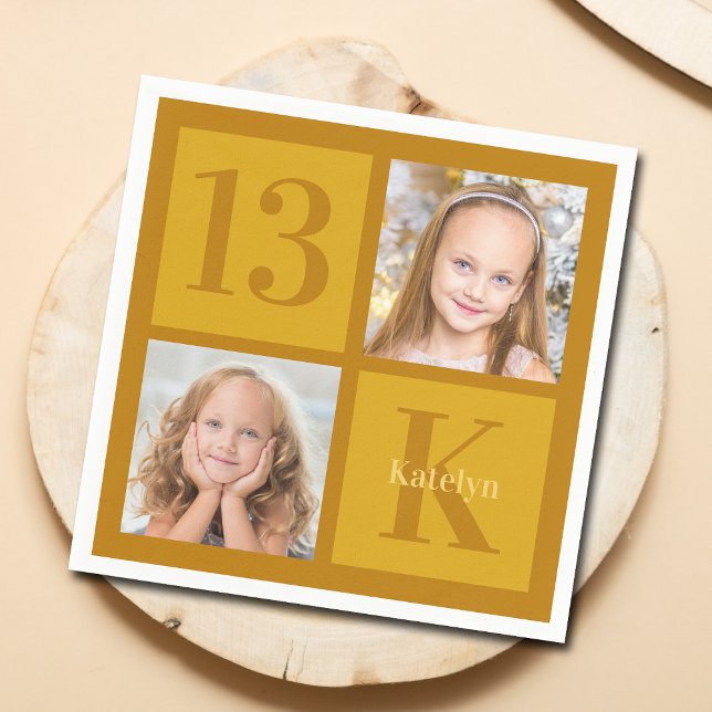 Chic Gold 2 Photo Collage Custom Birthday Party Napkin (Creator Uploaded)