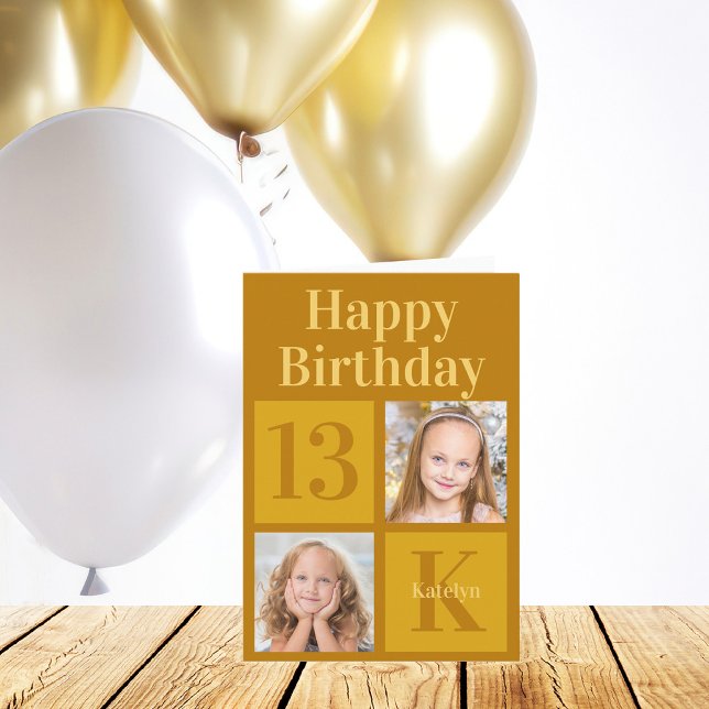Chic Gold 2 Photo Collage Custom Happy Birthday Card (Creator Uploaded)