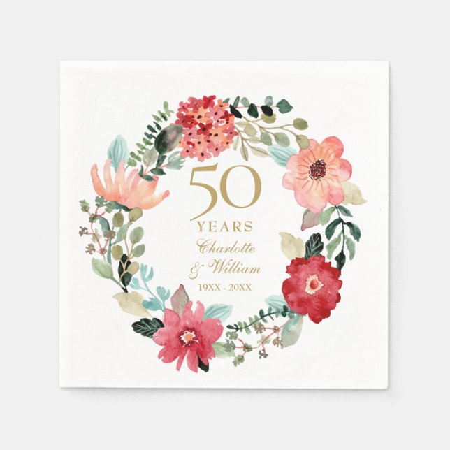 Chic Gold 50th Wedding Anniversary Floral Garland Napkin (Front)