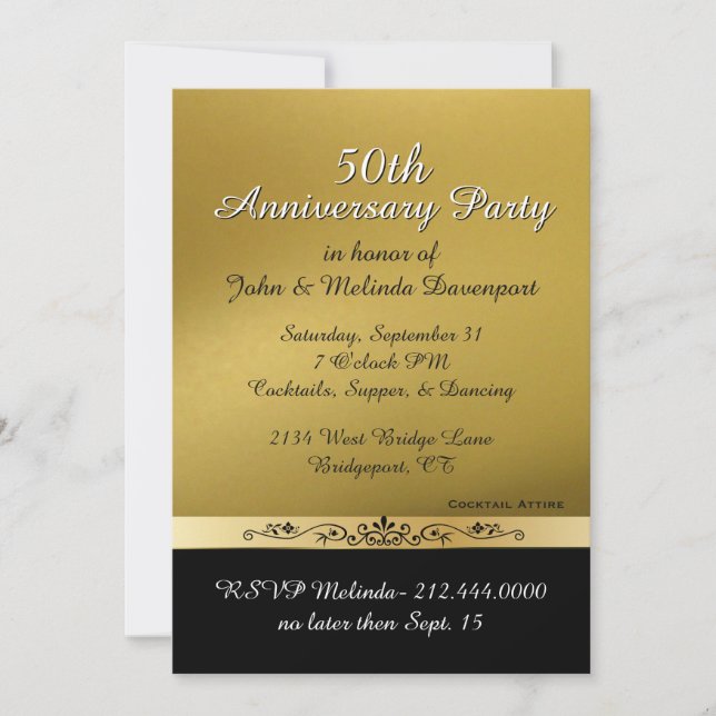 Chic Gold and Black Fiftieth Wedding Anniversary Invitation (Front)