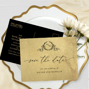Chic Gold and Black Monogram Wedding Save the Date Postcard
