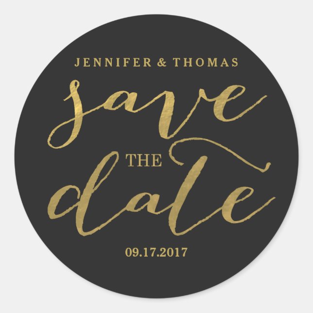 Chic Gold and Black Save the Date Stickers (Front)