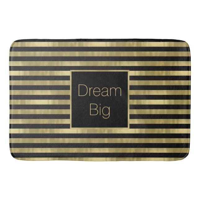 Chic Gold and Black Stripes Dream Big Personalised Bath Mat (Front)