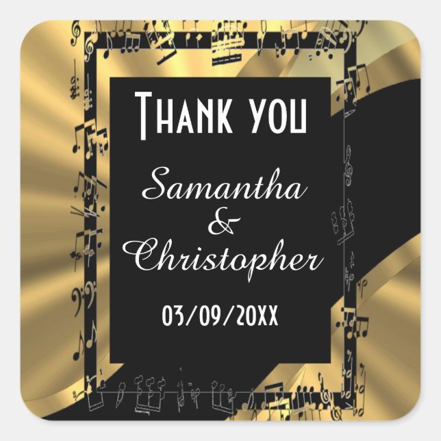 Chic gold and black thank you square sticker (Front)