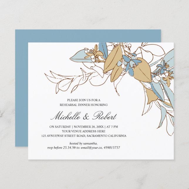 Chic Gold and blue floral Wedding rehearsal dinner (Front/Back)