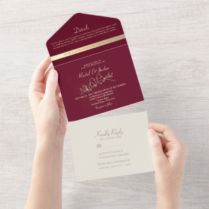 Chic Gold and Burgundy Wedding All In One Invitation