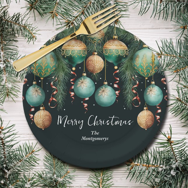 Chic Gold and Green Christmas Tree Ornaments Paper Plate (Chic gold and green Christmas tree ornaments paper napkins)